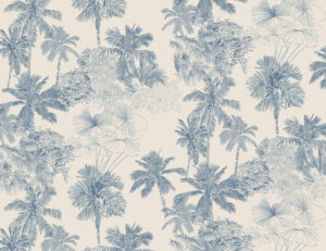 Carta da parati illustrato con foglie tropicali blu delicate