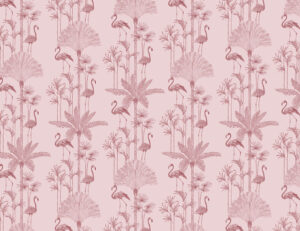 Carta da parati con palme tropicali illustrate e fenicotteri rosa
