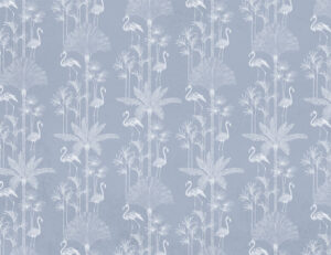 Carta da parati con palme tropicali illustrate e fenicotteri blu