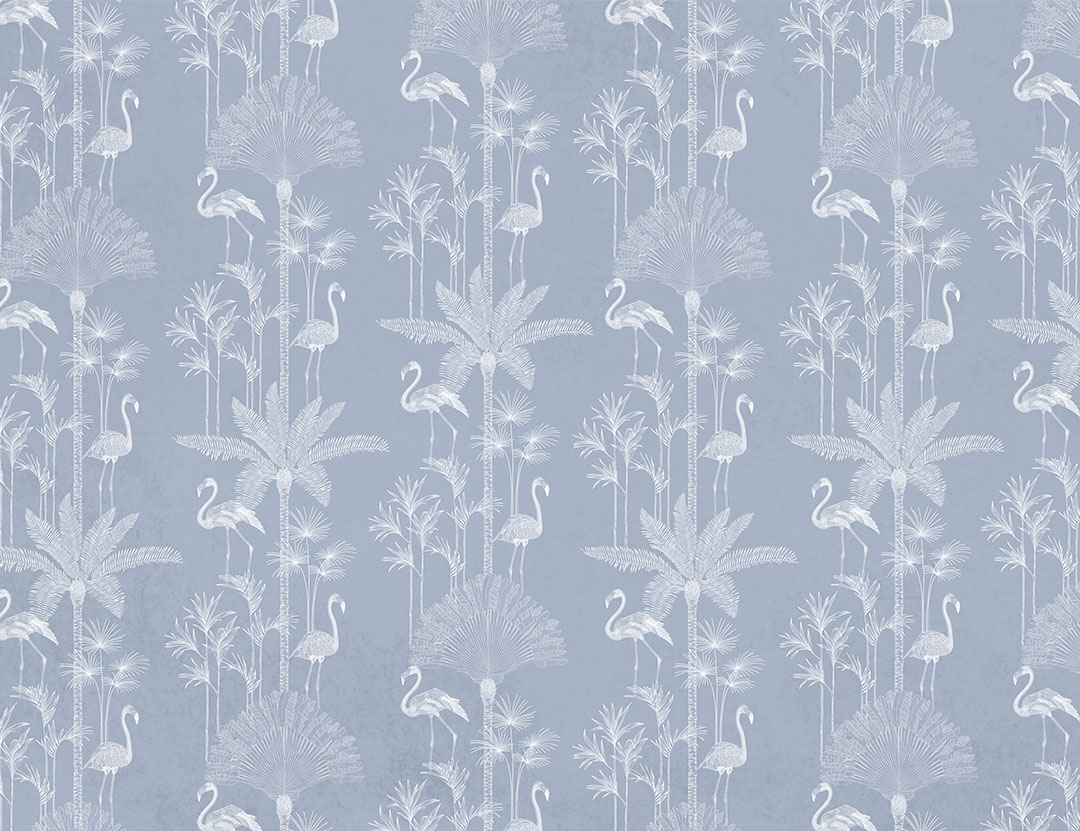 Carta da parati con palme tropicali illustrate e fenicotteri blu