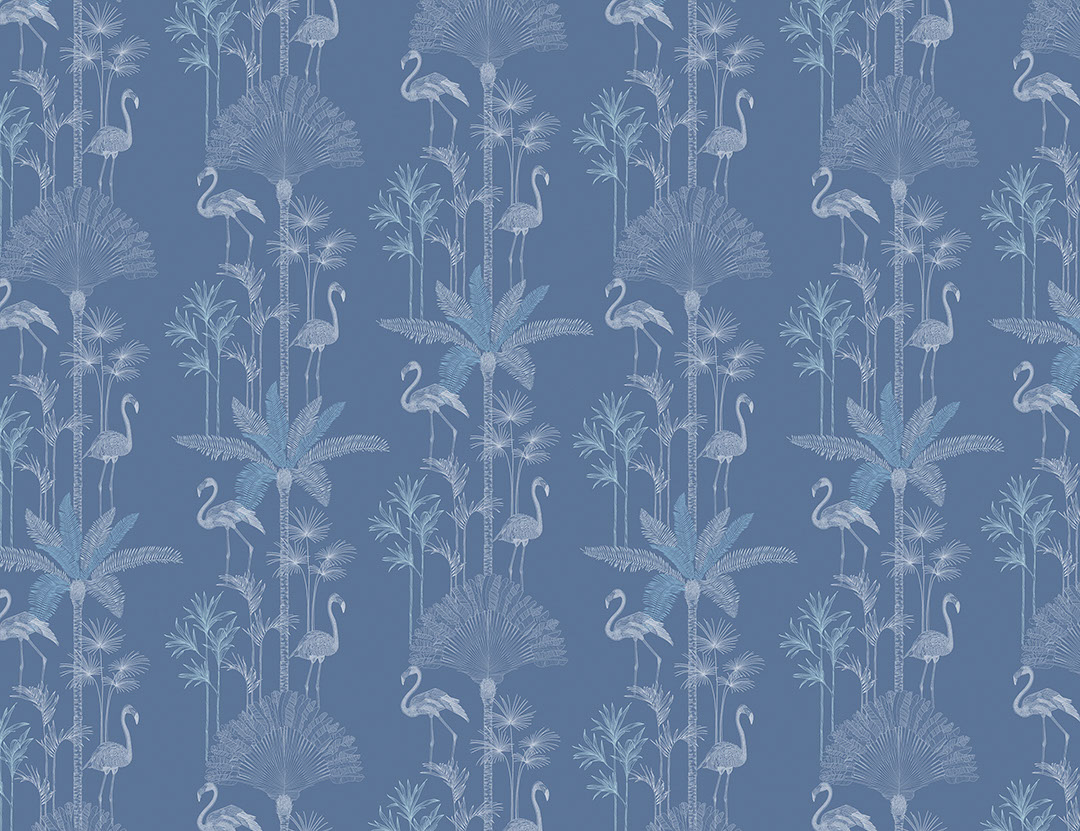 Carta da parati con motivo illustrato di palme tropicali e fenicotteri blu scuro