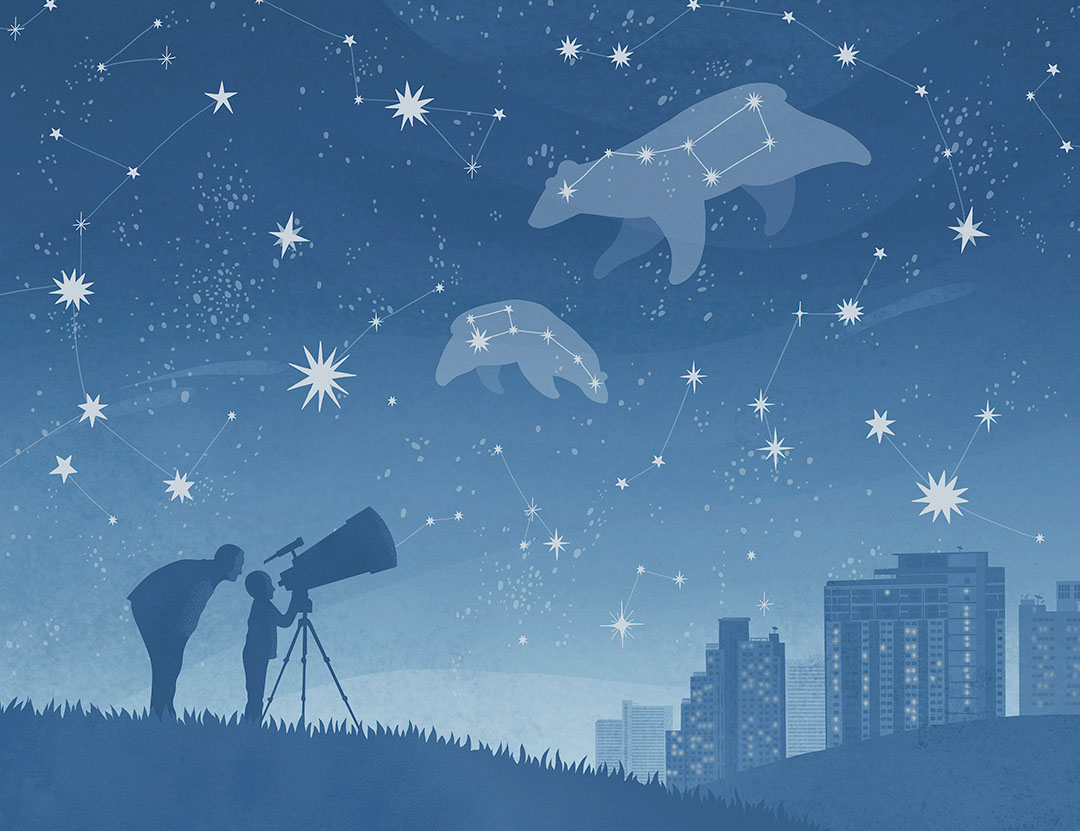 Costellazione sopra la città e un carta da parati per bambini con telescopio