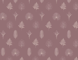 Contorni minimalisti disegnati a mano di varie foglie e piante con carta da parati a motivi sullo sfondo rosa