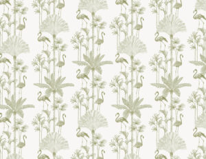 Carta da parati minimalista con palme tropicali e fenicotteri in verde