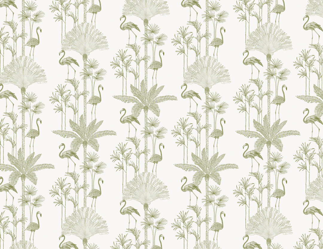 Carta da parati minimalista con palme tropicali e fenicotteri in verde