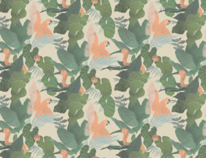 Carta da parati con foglie tropicali e pappagalli colorati sullo sfondo beige