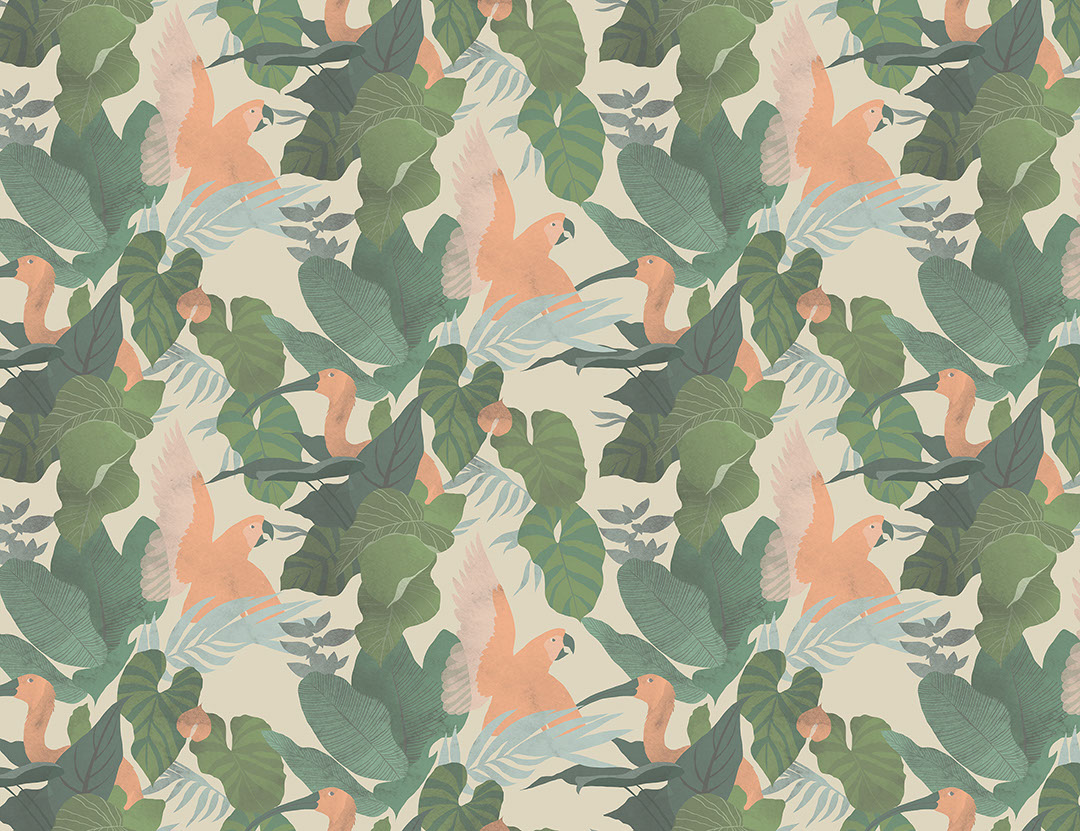 Carta da parati con foglie tropicali e pappagalli colorati sullo sfondo beige