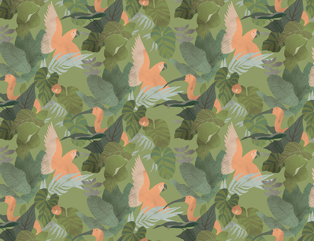 Carta da parati con foglie tropicali e pappagalli colorati sullo sfondo menta