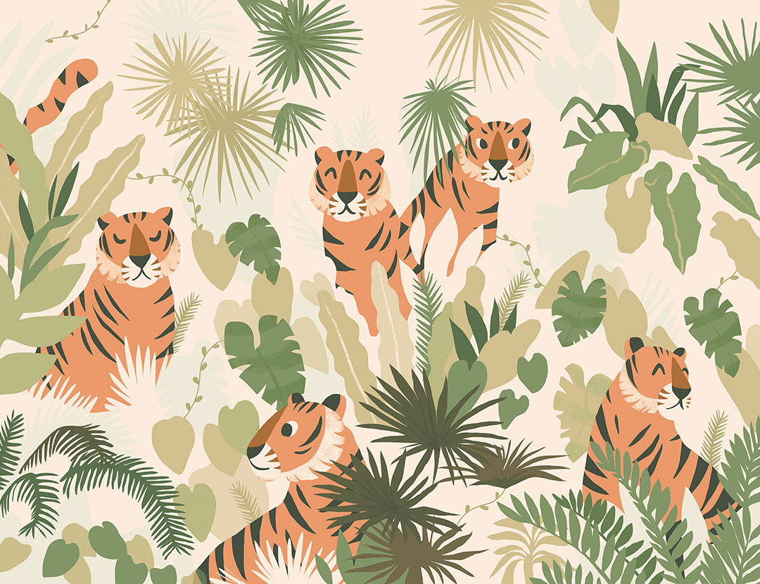 Carta da parati con tigri arancioni ai tropici
