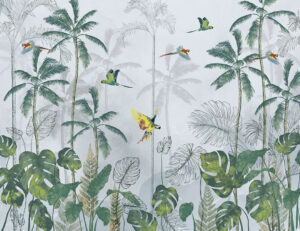 Carta da parati giungla tropicale con uccelli colorati
