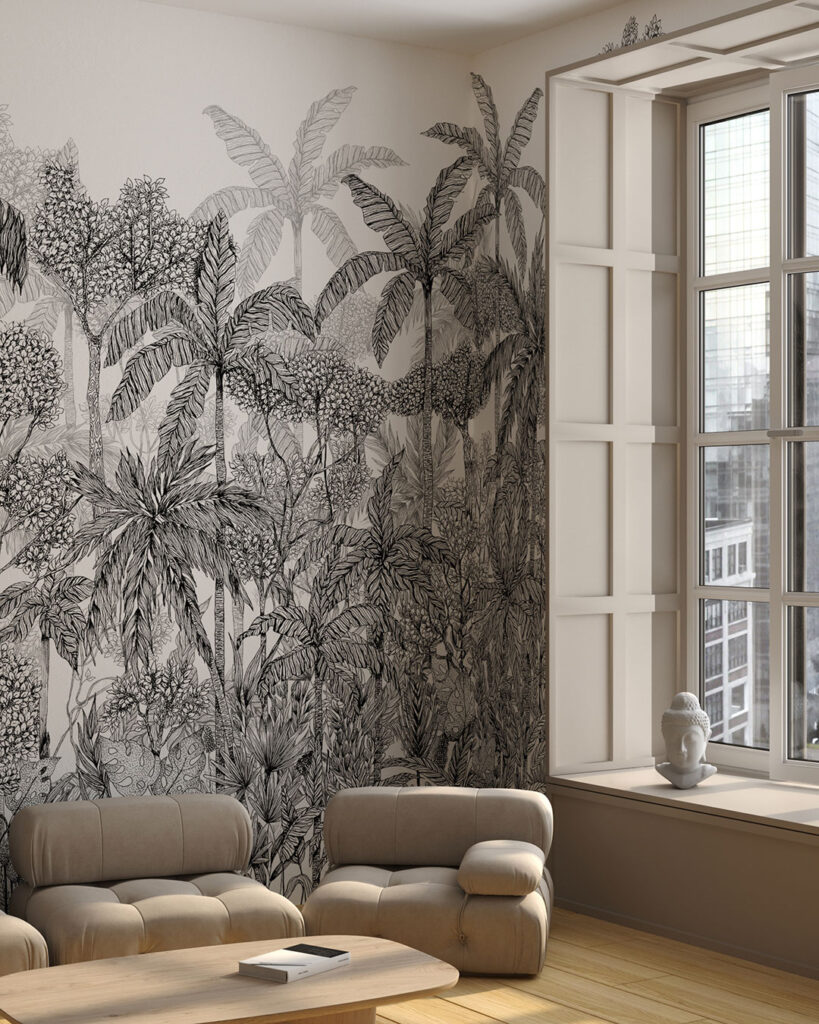 Carta da parati Areca per il soggiorno - kith2kin.it Palme disegnate a mano e alberi tropicali carta da parati in bianco e nero per il soggiorno