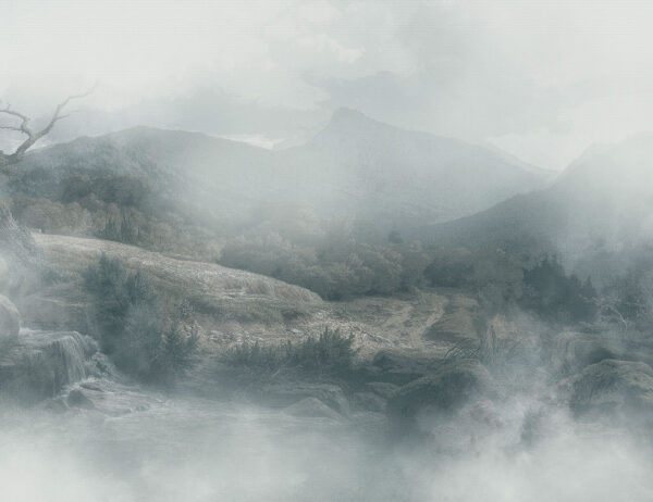 Prato e montagne nel carta da parati di nebbia blu