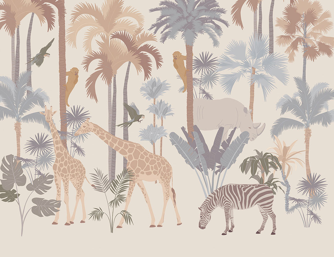 Carta da parati savana con palme, giraffe e scimmie sullo sfondo beige