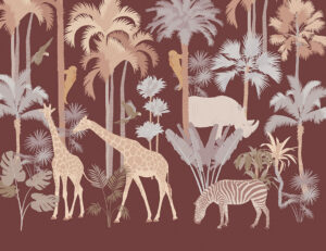 Carta da parati della savana con palme, giraffe e scimmie sullo sfondo marrone