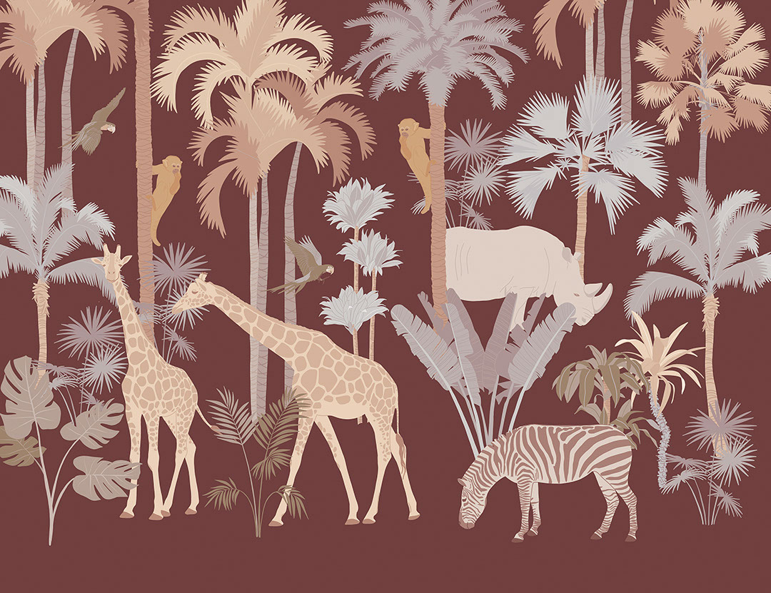Carta da parati della savana con palme, giraffe e scimmie sullo sfondo marrone