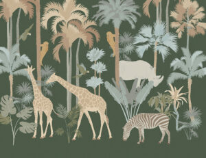 Carta da parati della savana con palme, giraffe e scimmie sullo sfondo verde