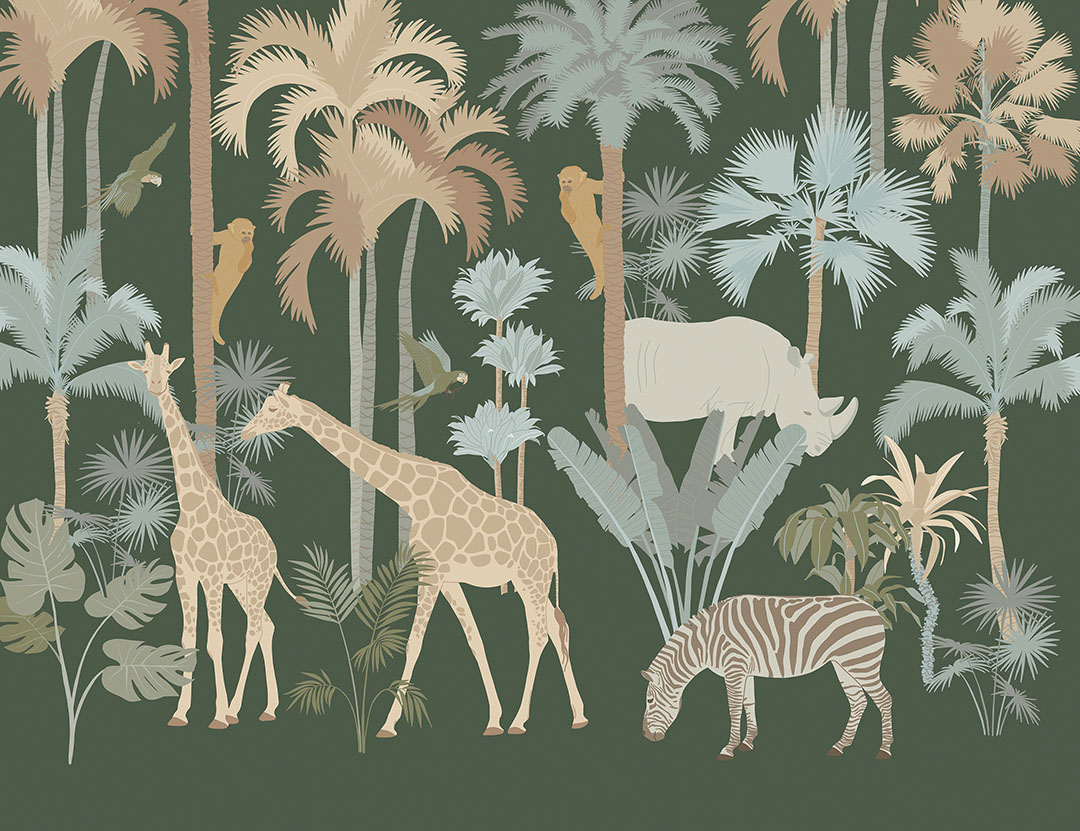 Carta da parati della savana con palme, giraffe e scimmie sullo sfondo verde