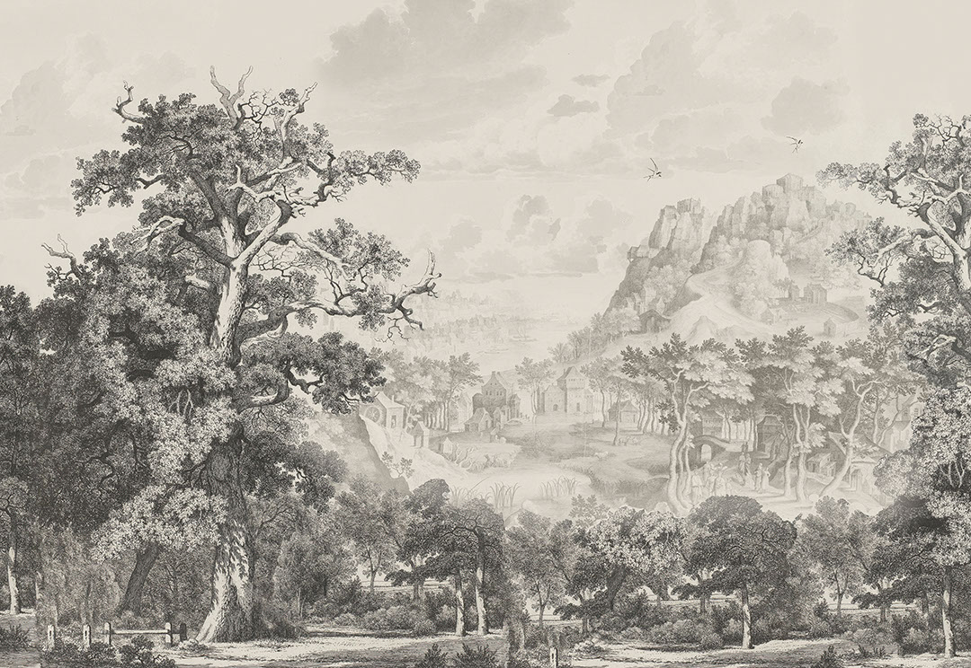 Acquaforte d'epoca foresta e montagne carta da parati
