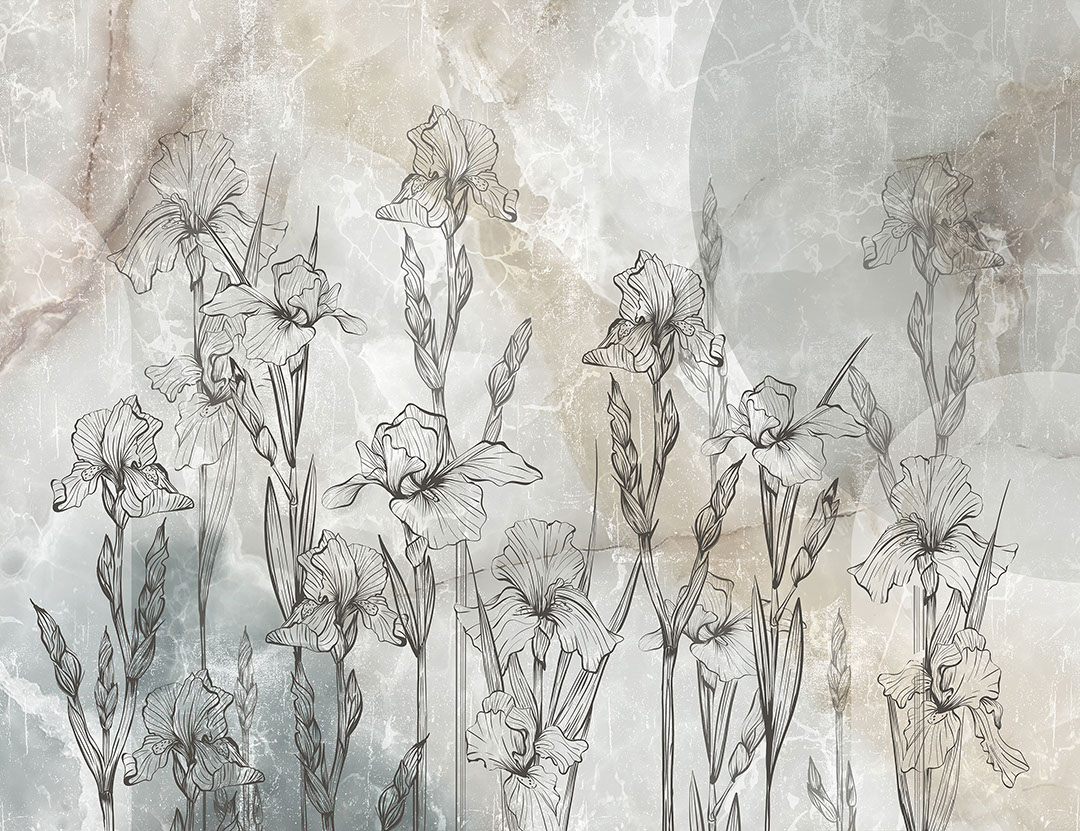 Line art iris su carta da parati in marmo grigio e marrone