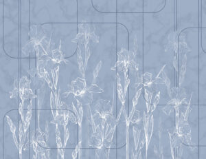 Carta da parati minimalista con fiori di iris blu in stile art-deco
