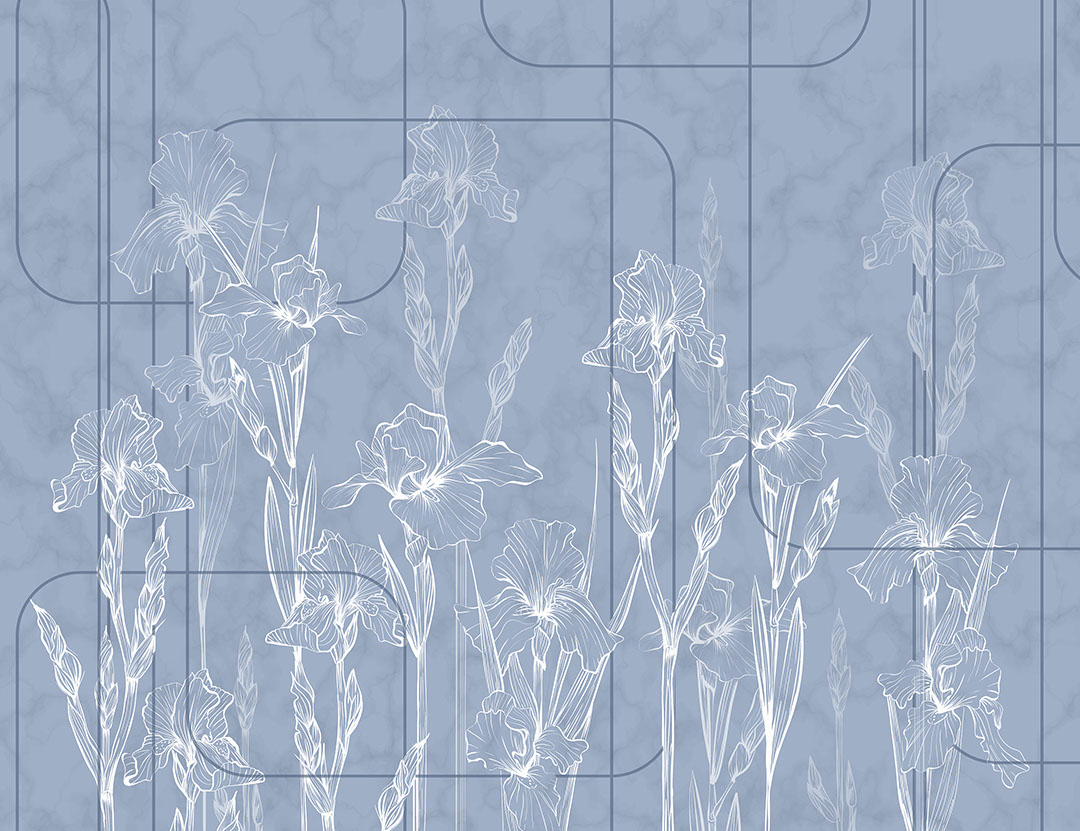Carta da parati minimalista con fiori di iris blu in stile art-deco