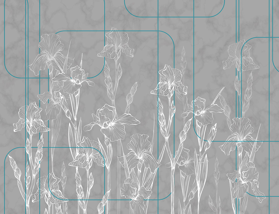 Carta da parati minimalista con fiori di iris grigi in stile art-deco