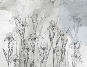 Carta da parati floreale geometrico grigio con iris