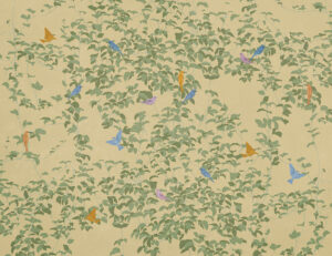Carta da parati botanico in stile Chinoiserie con uccelli colorati sullo sfondo beige