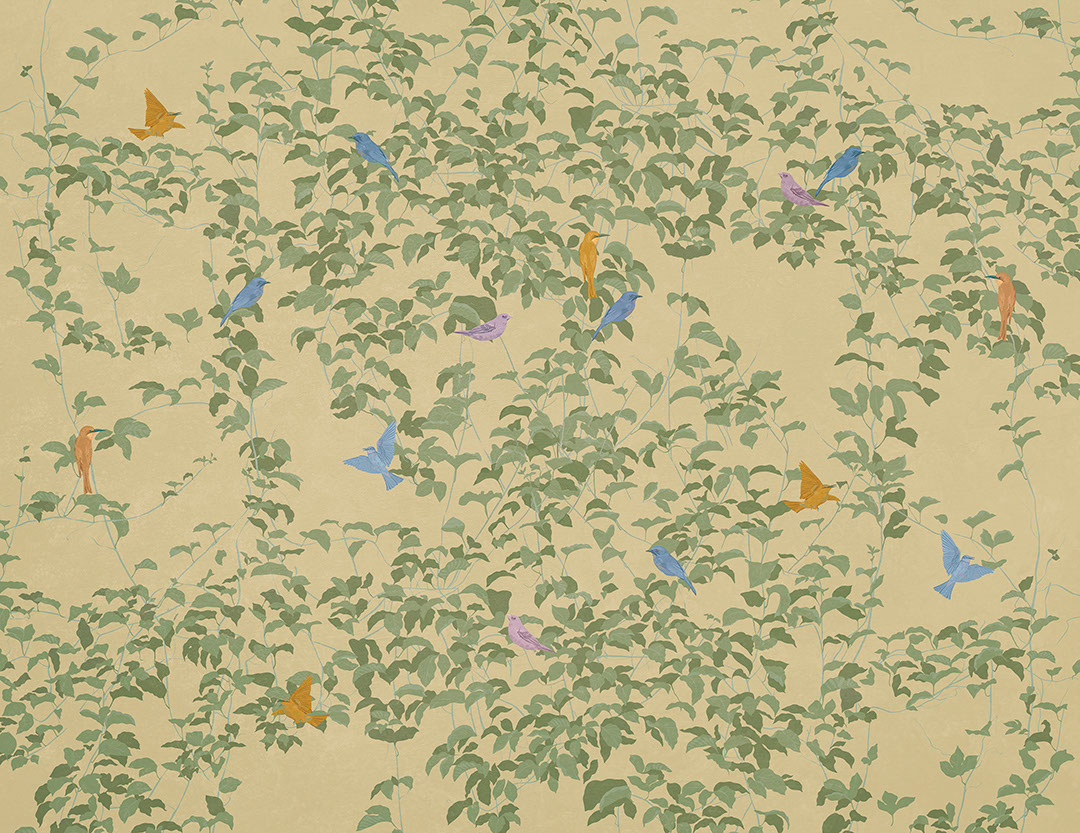Carta da parati botanico in stile Chinoiserie con uccelli colorati sullo sfondo beige