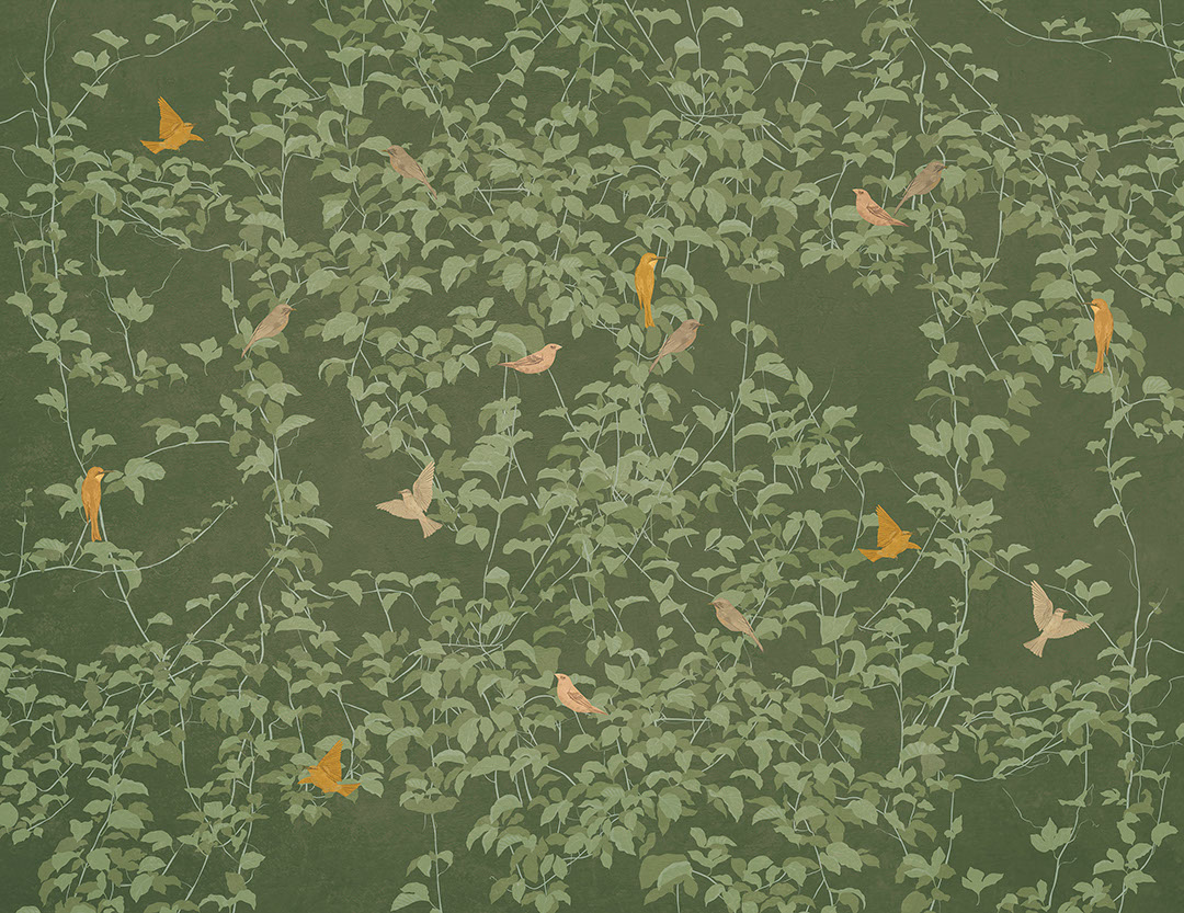 Carta da parati botanico in stile Chinoiserie con uccelli colorati sullo sfondo verde