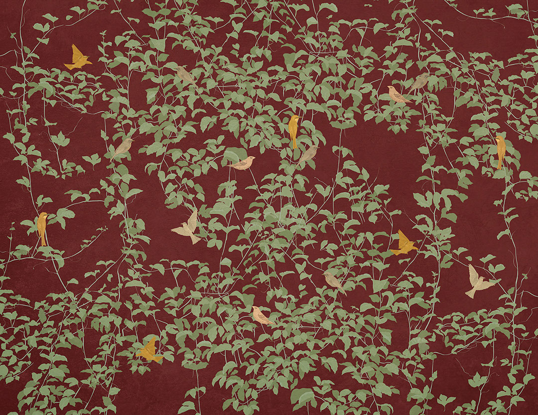 Carta da parati botanico in stile Chinoiserie con uccelli colorati sullo sfondo rosso