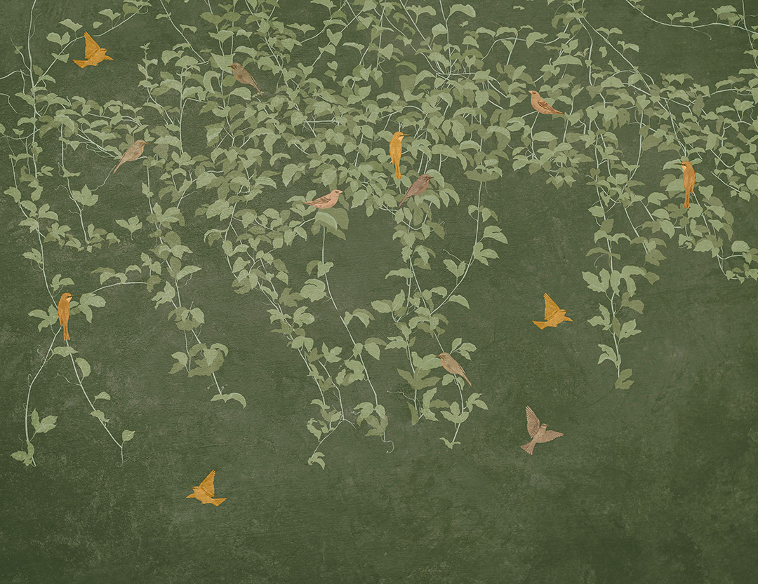 Carta da parati botanico in stile Chinoiserie con uccelli sullo sfondo verde