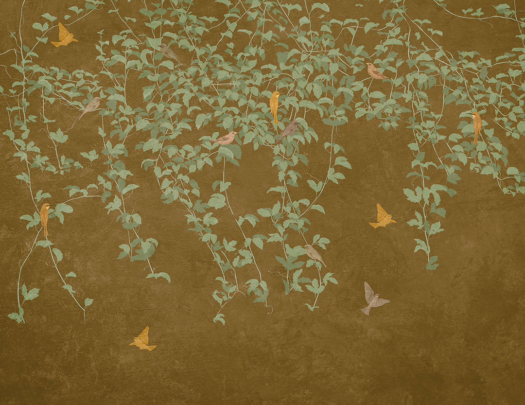Carta da parati botanico in stile Chinoiserie con uccelli sullo sfondo senape