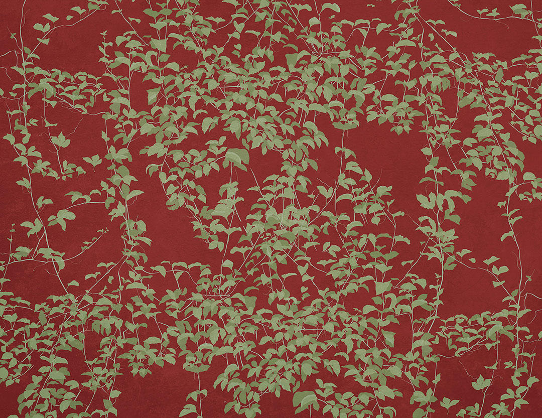 Carta da parati botanico in stile Chinoiserie su sfondo rosso