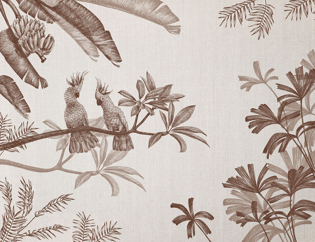 Carta da parati natura illustrato sofisticato con piante tropicali marroni e pappagalli