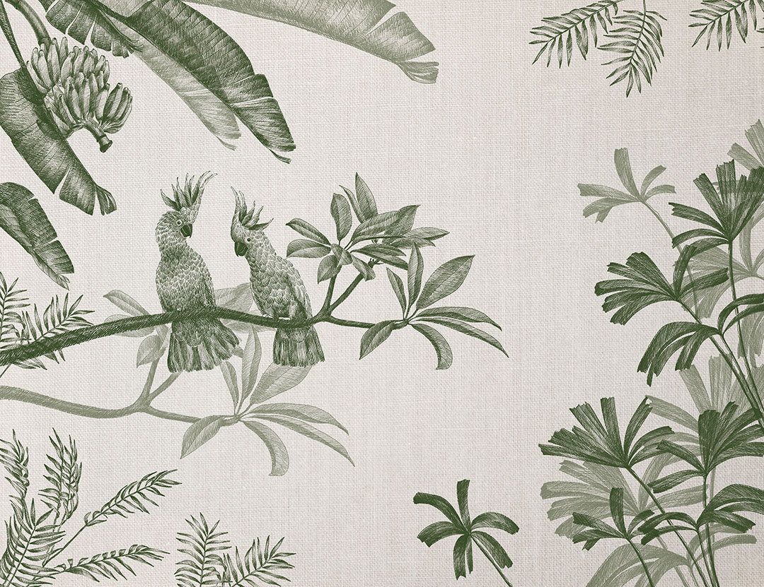 Carta da parati natura illustrato sofisticato con piante tropicali verdi e pappagalli