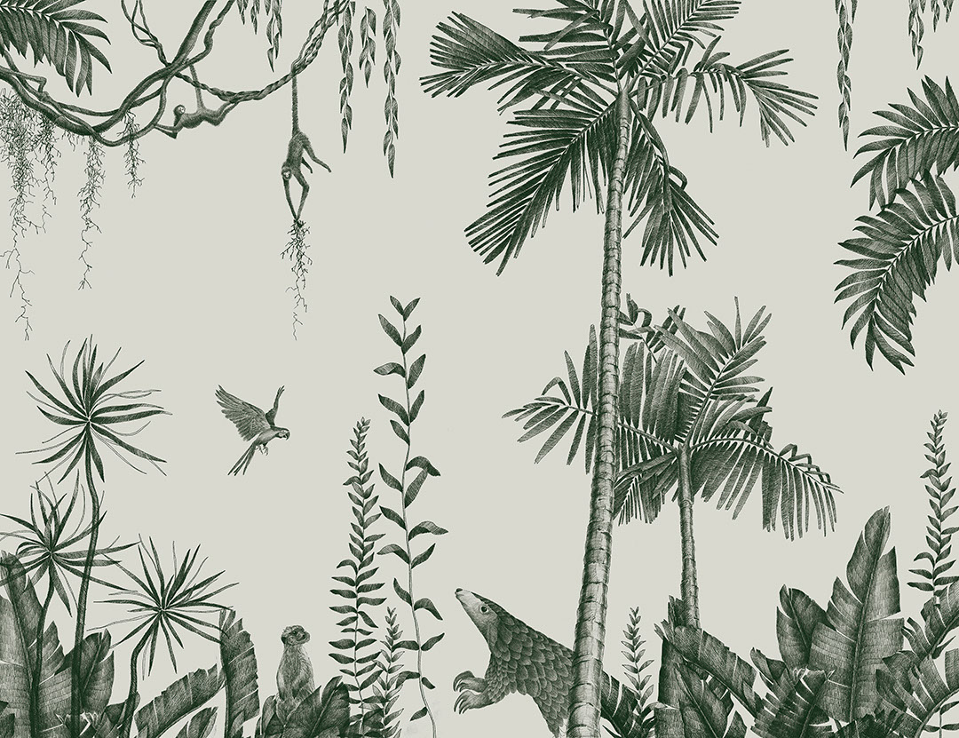 Palme verdi, uccelli e animali tropicali carta da parati