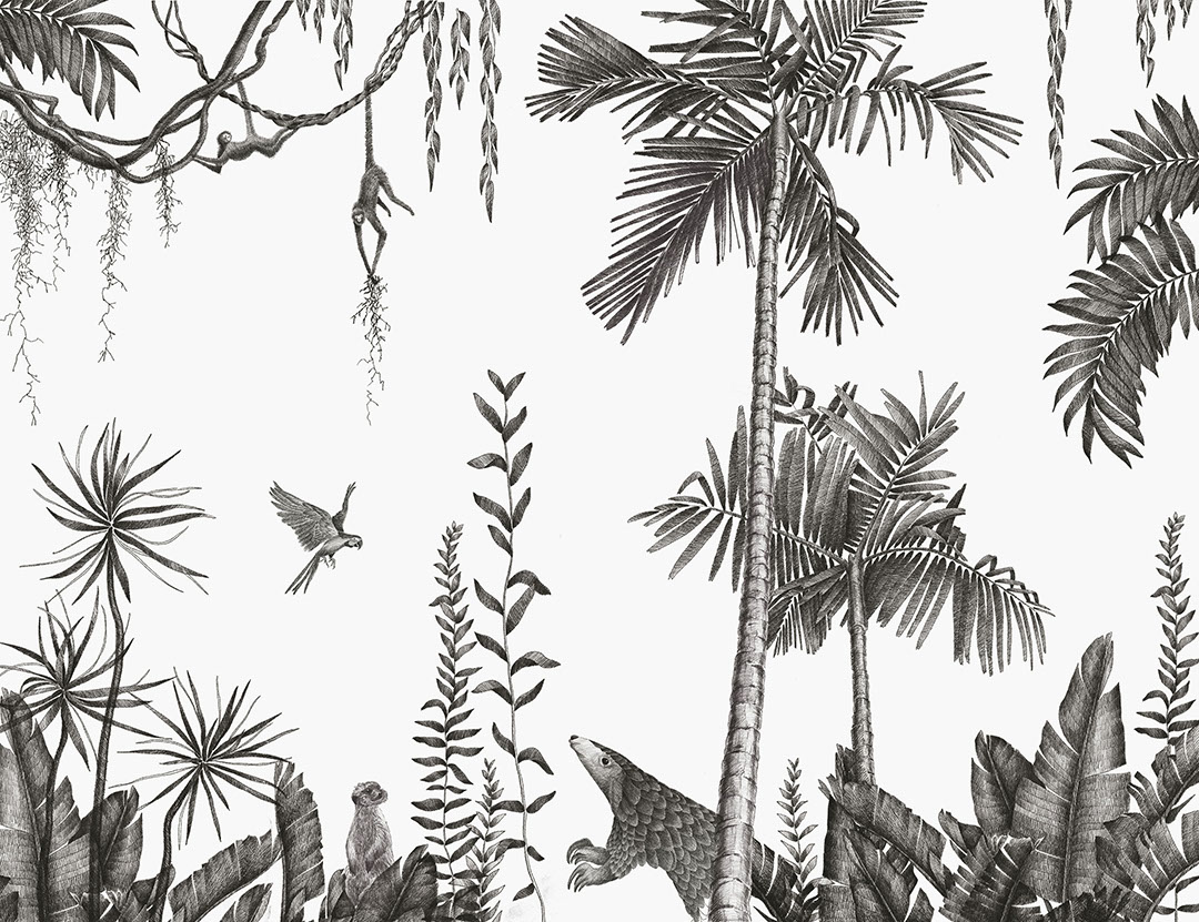 Palme nere, uccelli e animali tropicali carta da parati