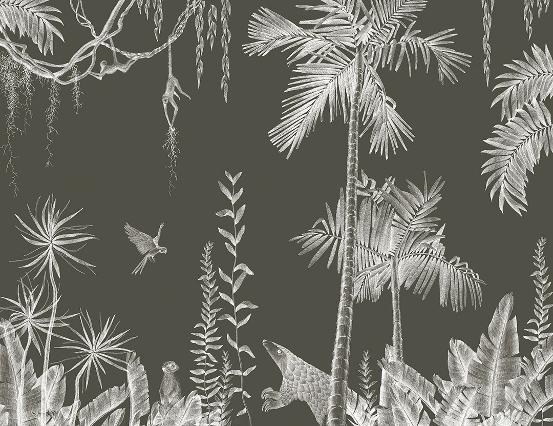 Palme, uccelli e animali tropicali di notte carta da parati