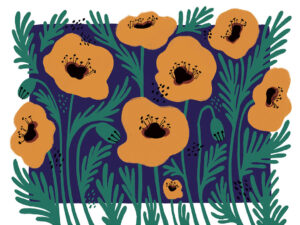 Fiori gialli illustrati con un carta da parati asimmetrico di sfondo blu
