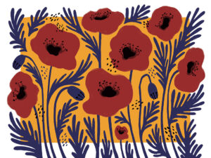 Fiori rossi illustrati con un carta da parati asimmetrico su sfondo giallo
