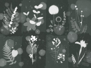 Mosaico carta da parati grigio con impronte di foglie floreali