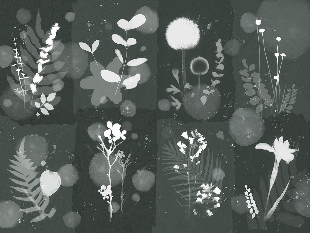 Mosaico carta da parati grigio con impronte di foglie floreali