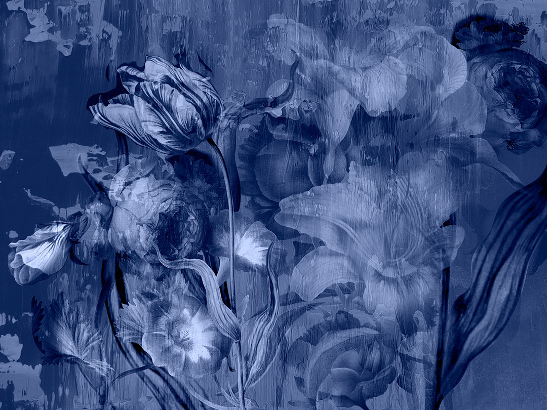 Carta da parati floreale blu con grandi rose e peonie