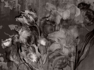 Carta da parati floreale in bianco e nero con grandi rose e peonie