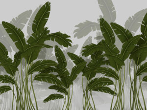 Carta da parati illustrato tropicale con foglia di banano verde scuro