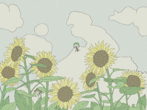 Delicati fiori di girasole con nuvole lineari сarta da parati