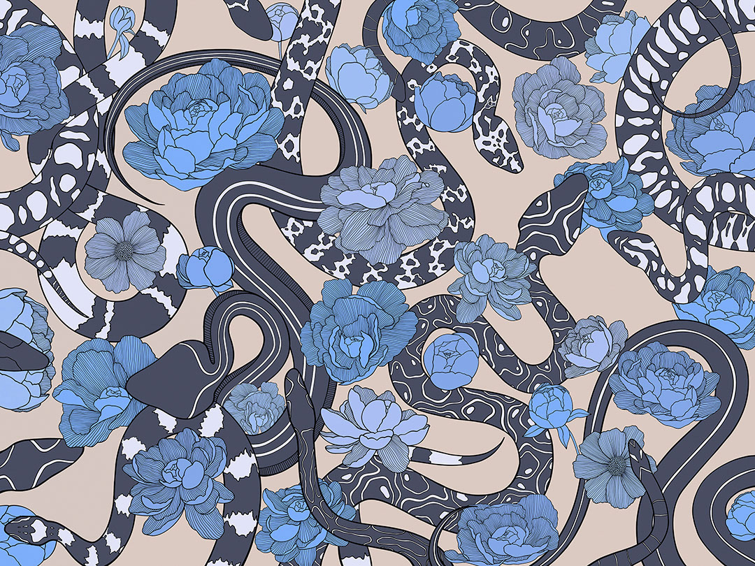 Serpenti neri e fiori blu сarta da parati
