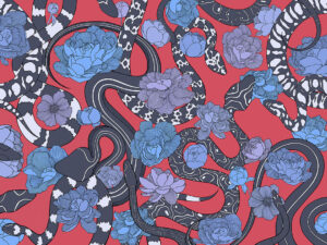 Serpenti neri e fiori blu сarta da parati sullo sfondo rosso