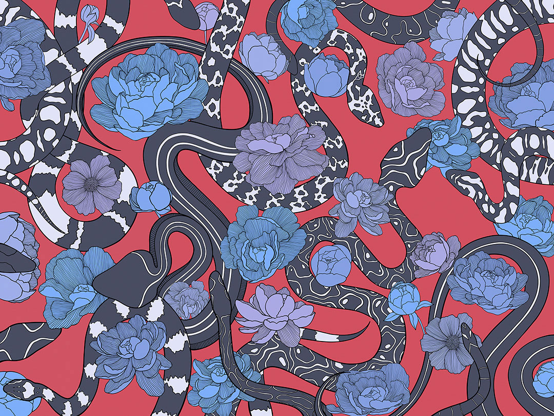 Serpenti neri e fiori blu сarta da parati sullo sfondo rosso